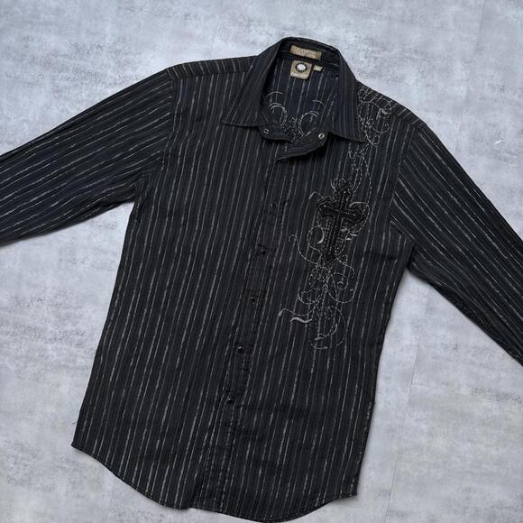 Y2K Lamasini Cross Embroidered 00s Button Up Shirt - Picture 7 of 7